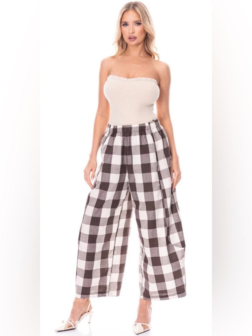 Buffalo Check Wide Leg Pants in Brown & White
